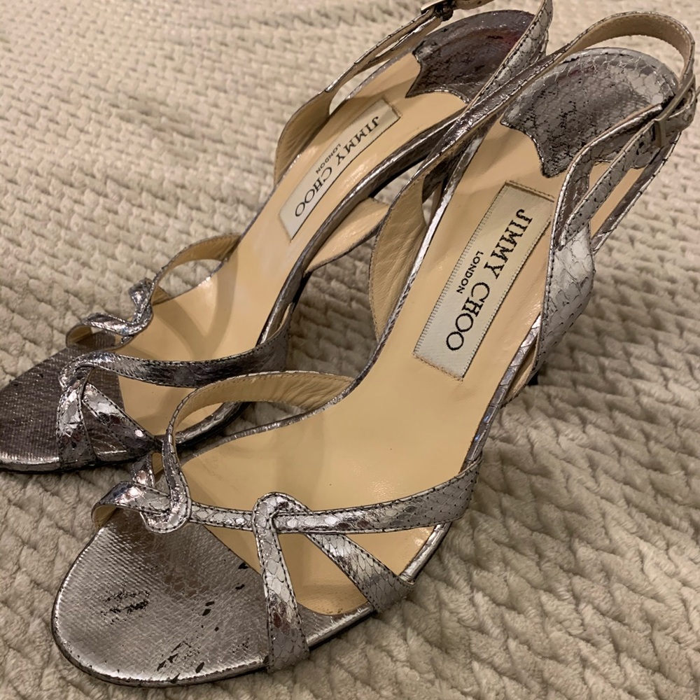 Jimmy Choo silver strappy sandals—fits 8.5
